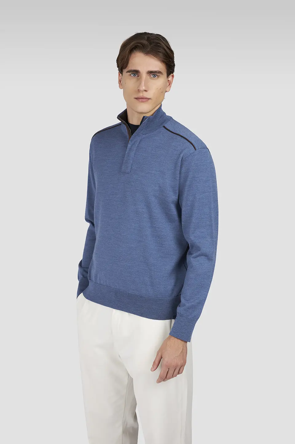 Muški Merino Extrafine half zip džemper Paul & Shark | Devičanska vuna, Alcantara® detalji, plava vintage indigo Muški Merino Extrafine half zip džemper Paul & Shark | Devičanska vuna, Alcantara® detalji, plava vintage indigo