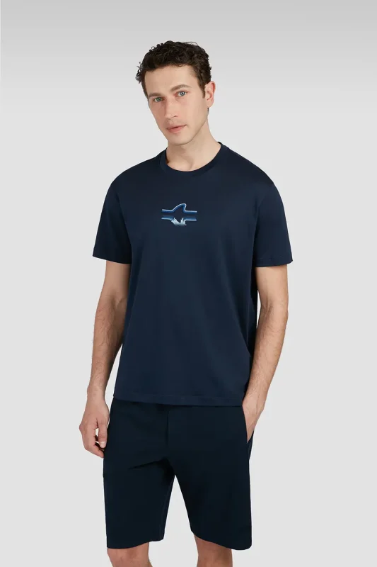 : Teget muška majica od egipatskog pamuka Paul & Shark | 3D znak u obliku ajkule, ekstra fina mekoća, nautički stil | Veličine XS do 6XL