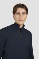Muški Merino Extrafine half zip džemper Paul & Shark | Devičanska vuna, Alcantara® detalji, teget boja| Veličine XS do 6XL
