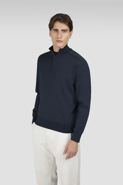 Muški Merino Extrafine half zip džemper Paul & Shark | Devičanska vuna, Alcantara® detalji, teget boja| Veličine XS do 6XL