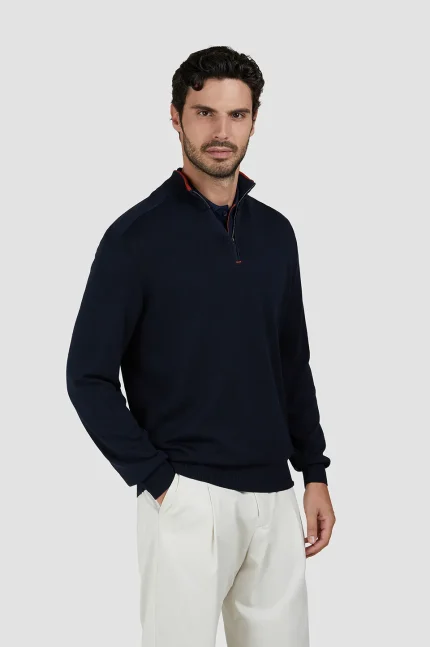 Teget muški džemper na rajsferšlus Paul & Shark | Luksuzna mešavina svile i pamuka, kontrastni detalji, half zip | Veličine XS do 6XL | yachtingfashion.rs